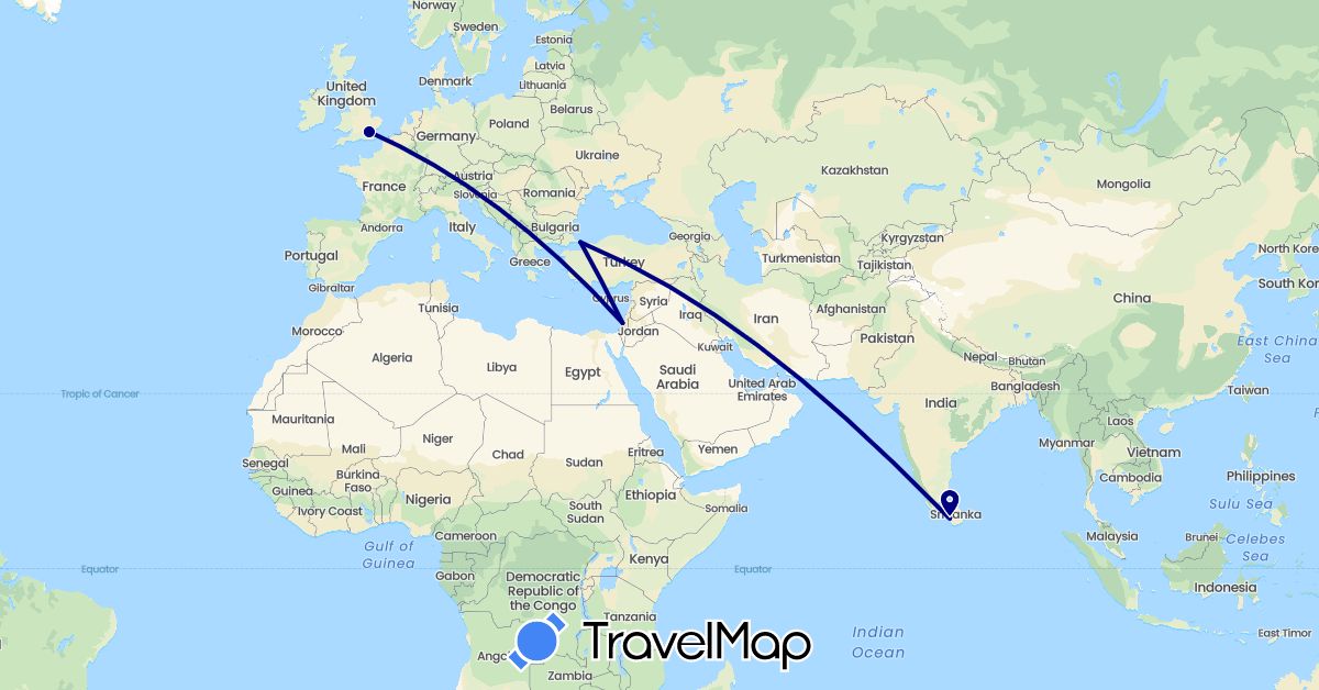 TravelMap itinerary: driving in United Kingdom, Israel, Sri Lanka, Turkey (Asia, Europe)